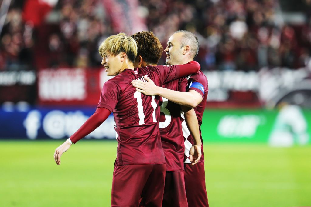 Kyogo and Andrés Iniesta celebrate a goal for Vissel Kobe