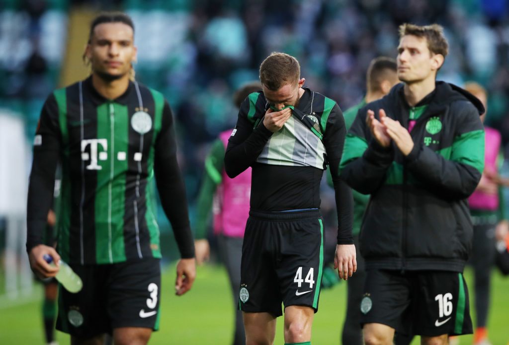 Teammates of Ferencvarosi TC celebrate after the UEFA Europa