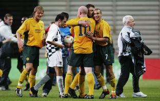 John Hartson, Chris Sutton and Henrik Larsson of Celtic celebrate
