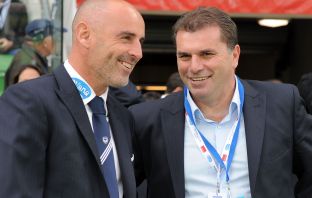 Kevin Muscat talks to socceroos coach Ange Postecoglou