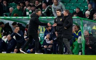 Derek McInnes shakes hands with Brendan Rodgers