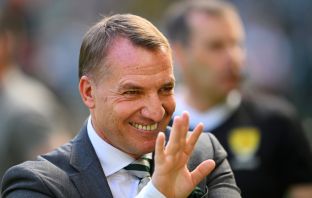 A delighted Brendan Rodgers on trophy day, 2024