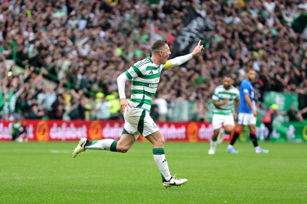 Callum McGregor celebrates scoring against theRangers