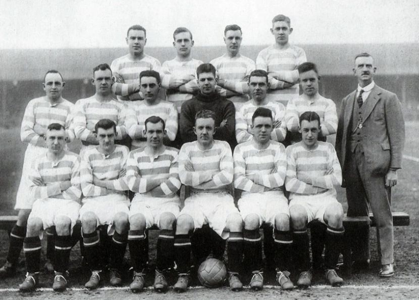 Celtic 1930/31. Back; Willie Cook, Peter Kavanagh, Hugh Smith & Peter Wilson. Middle; Peter McGonagle, Chic Geatons, Denis O’Hare, John Thomson, Bobby Whitelaw, Willie Hughes & Will Quinn (Trainer). Front; Bertie Thomson, Alec Thomson, Jimmy McGrory, Jimmy McStay, Peter Scarff & Charlie Napier.