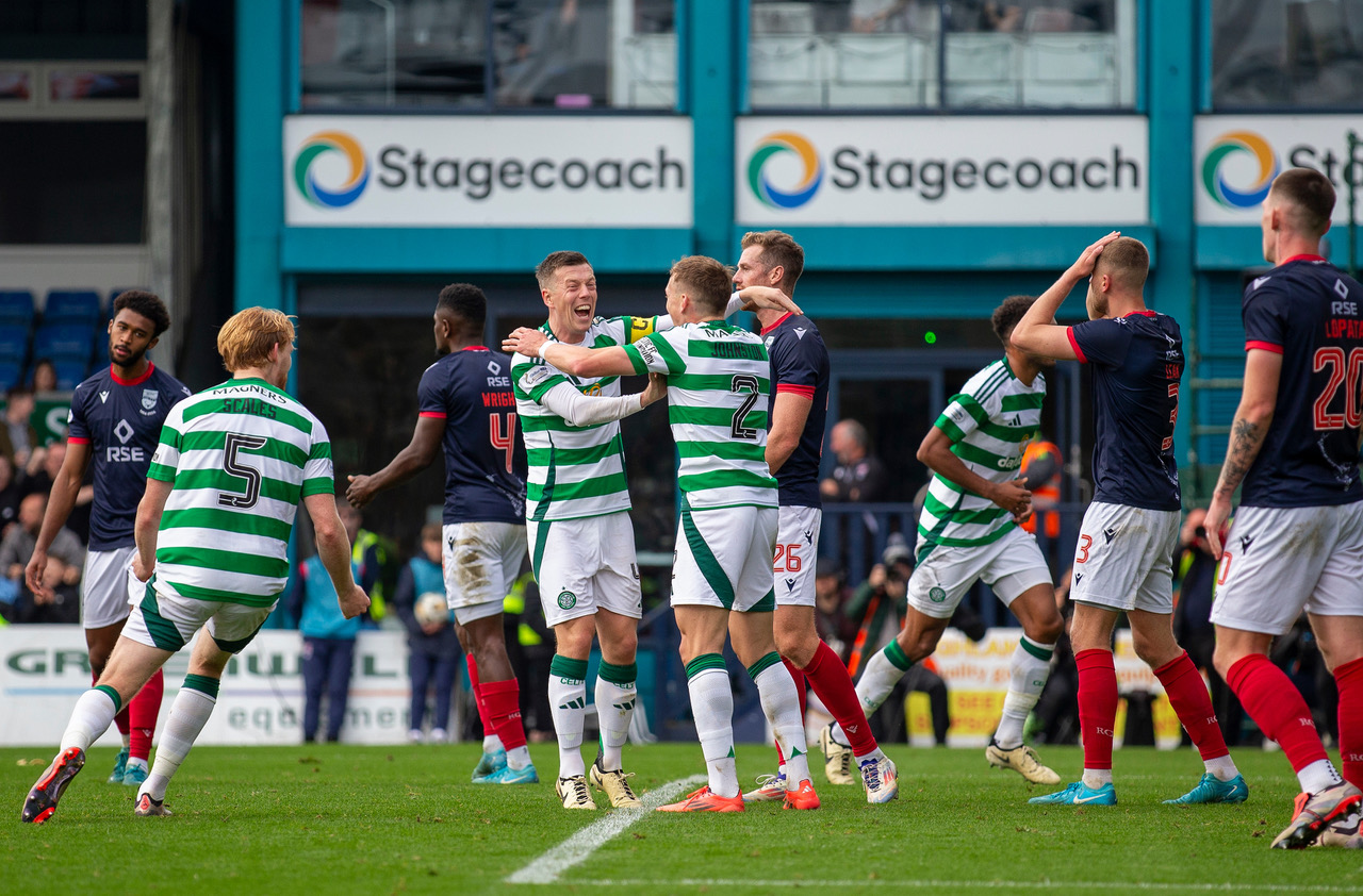 Alistair Johnston and Callum McGregor celebrate Celtic's equaliser against Ross County