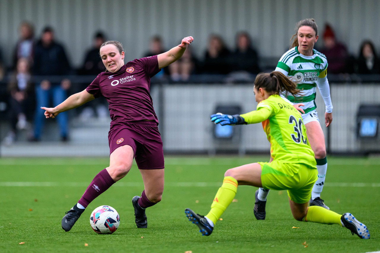 Bayley Hutchison sees her shot saved by Celtic goalkeeper Kelsey Daugherty