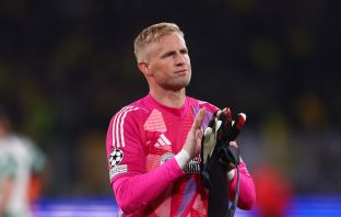 Kasper Schmeichel of Celtic acknowledges the fans