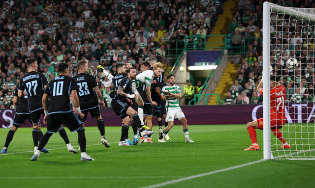 Liam Scales scores against Slovan Bratislava in the Champions League 