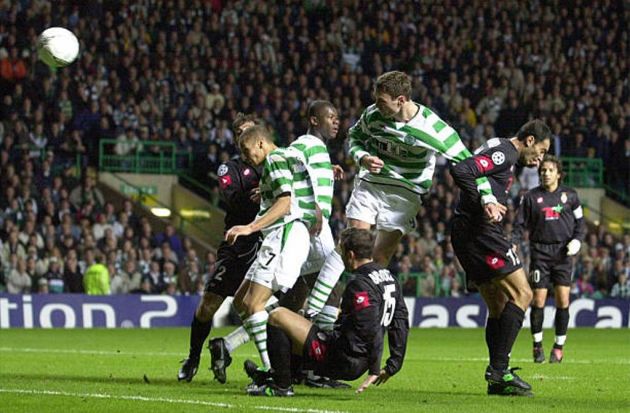 Chris Sutton of Celtic scores