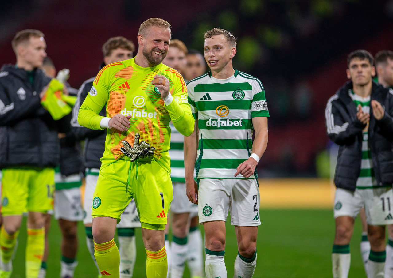 Alistair Johnston with Kasper Schmeichel