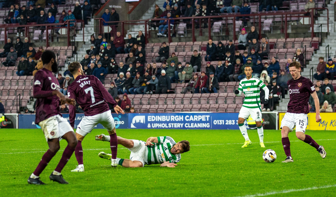 James Forrest is fouled inside the box