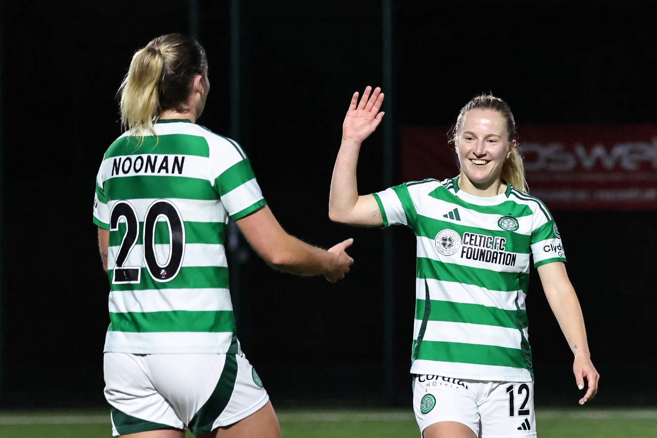 Agnew celebrates her goal against Motherwell. 