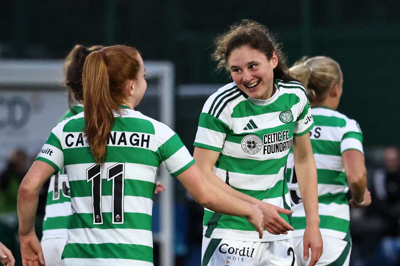 Lawton celebrates her goal against Motherwell