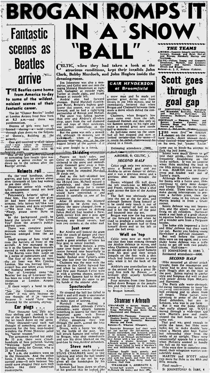 Evening Times Match report for Sam's second and final Celtic appearance in February 1964