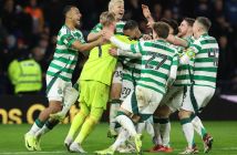 Team mates celebrate with Kasper Schmeichel and Daizen Maeda