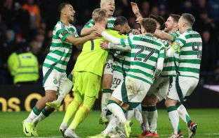 Team mates celebrate with Kasper Schmeichel and Daizen Maeda