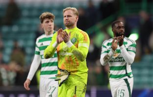 Kasper Schmeichel of Celtic acknowledges the fans