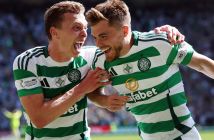 James Forrest of Celtic celebrates with Alistair Johnston