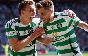 James Forrest of Celtic celebrates with Alistair Johnston