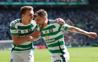 James Forrest of Celtic celebrates with Alistair Johnston