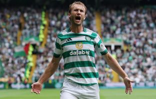 Benjamin Nygren of Celtic celebrates