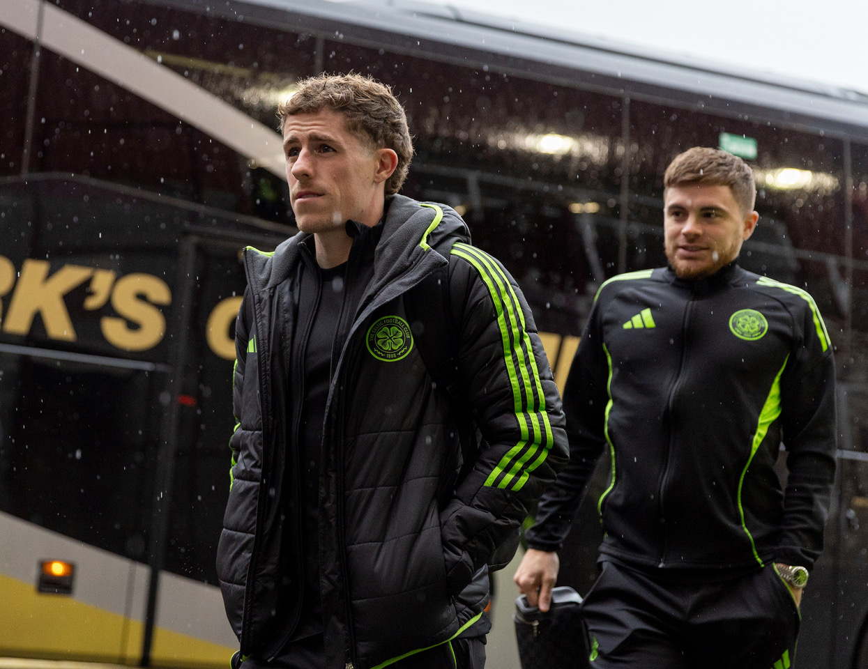 Luke McCowan and James Forrest arrive at Tynecastle