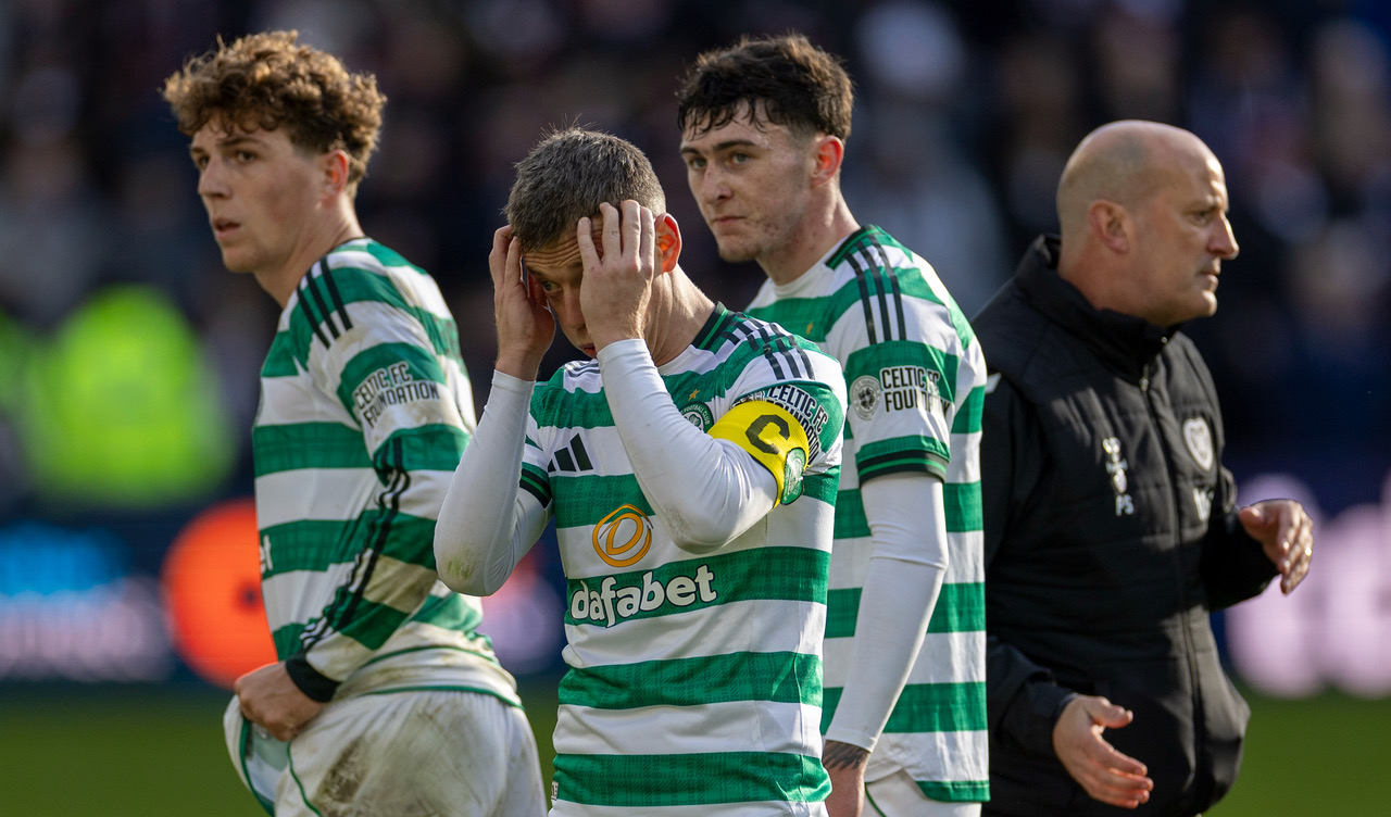 Callum McGregor reacts after the defeat at Tynecastle.