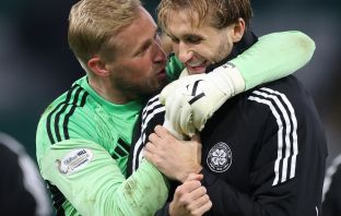 Kasper Schmeichel and Benjamin Nygren of Celtic