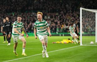 Liam Scales of Celtic celebrates