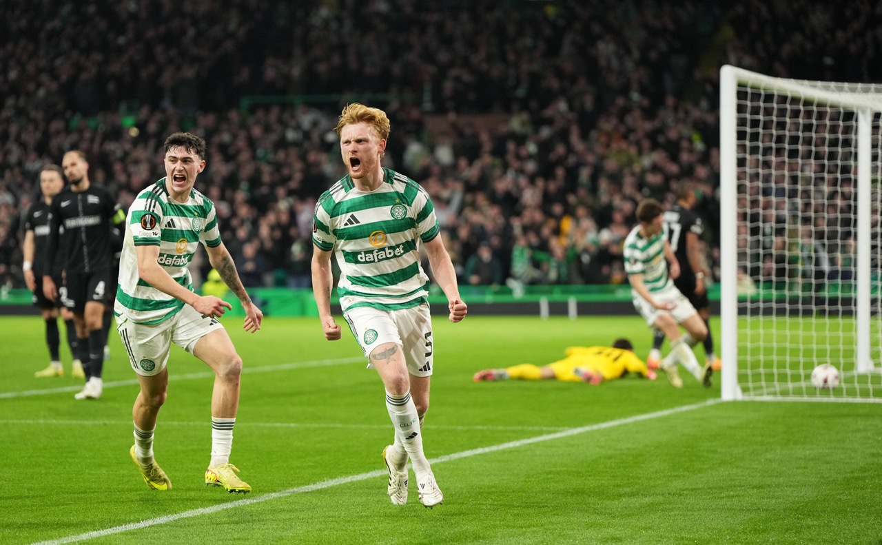 Liam Scales of Celtic celebrates