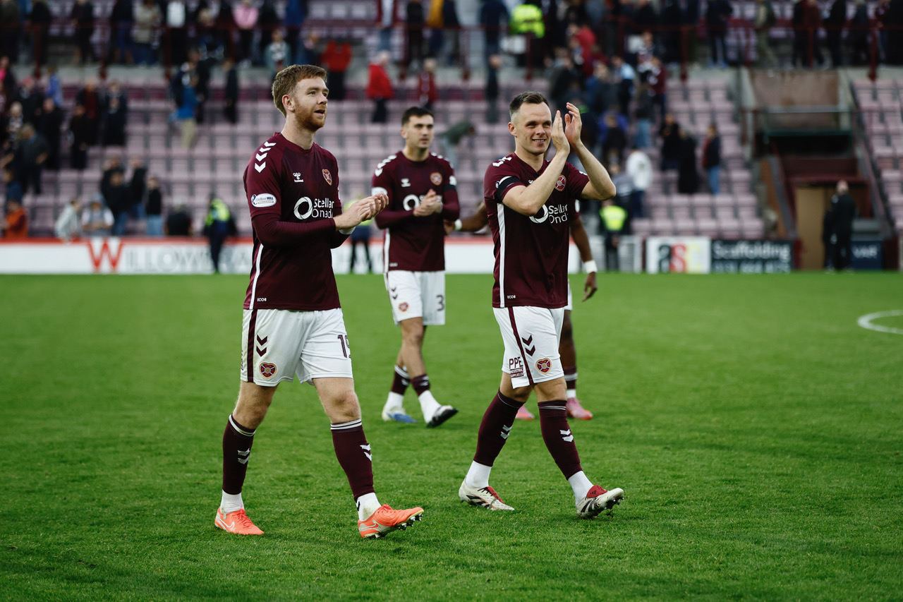 Stuart Findlay and Lawrence Shankland of Hearts