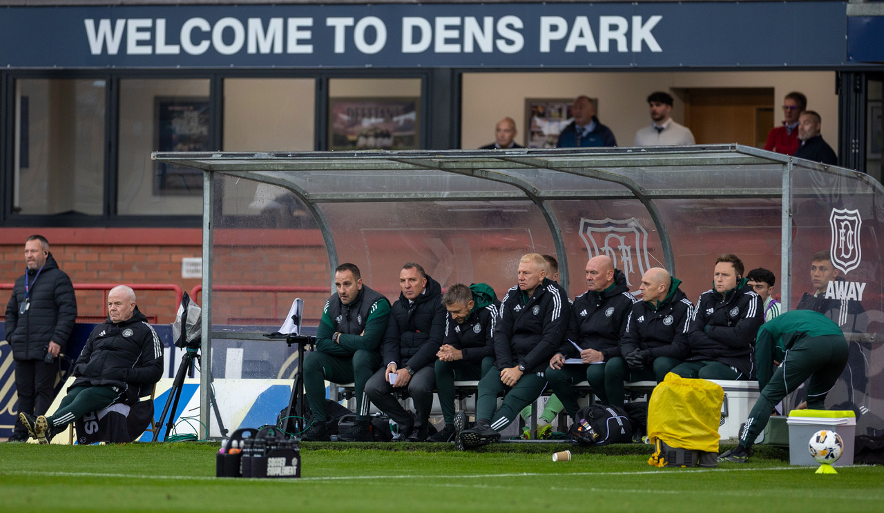 Brendan Rodgers on the Celtic bench at Dens Park.
