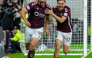 Craig Halkett of Hearts celebrates with Alan Forrest