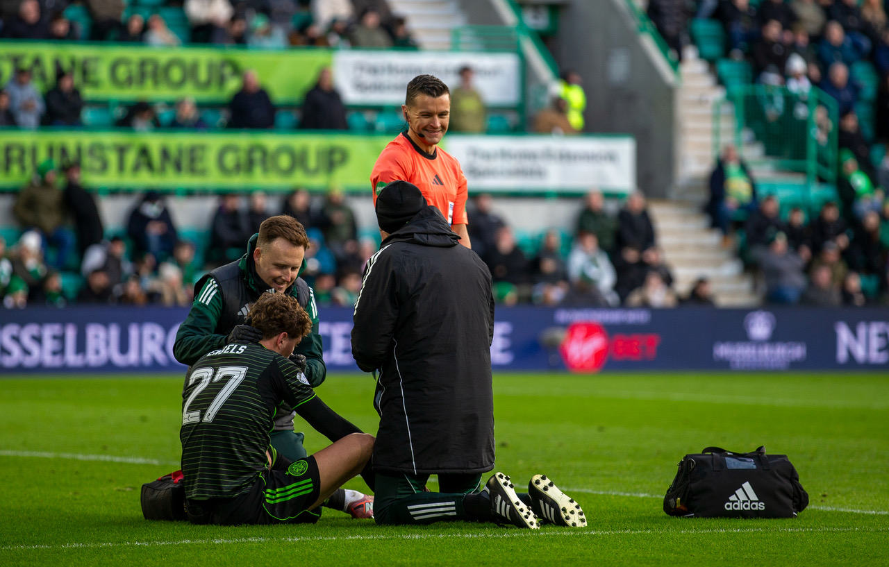 Arne Engels gets treatment after taking a high boot in the face.  