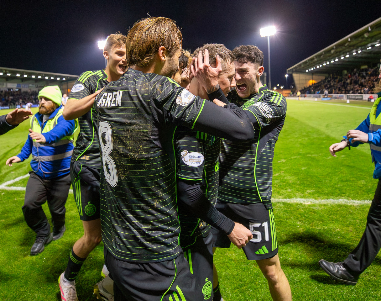 Colby Donovan in the celebrations as Callum McGregor scores a last minute winner.