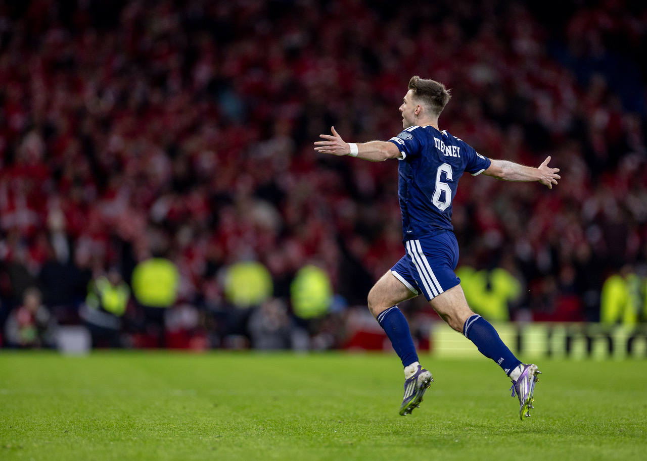 Kieran Tierney celebrates after scoring for Scotland