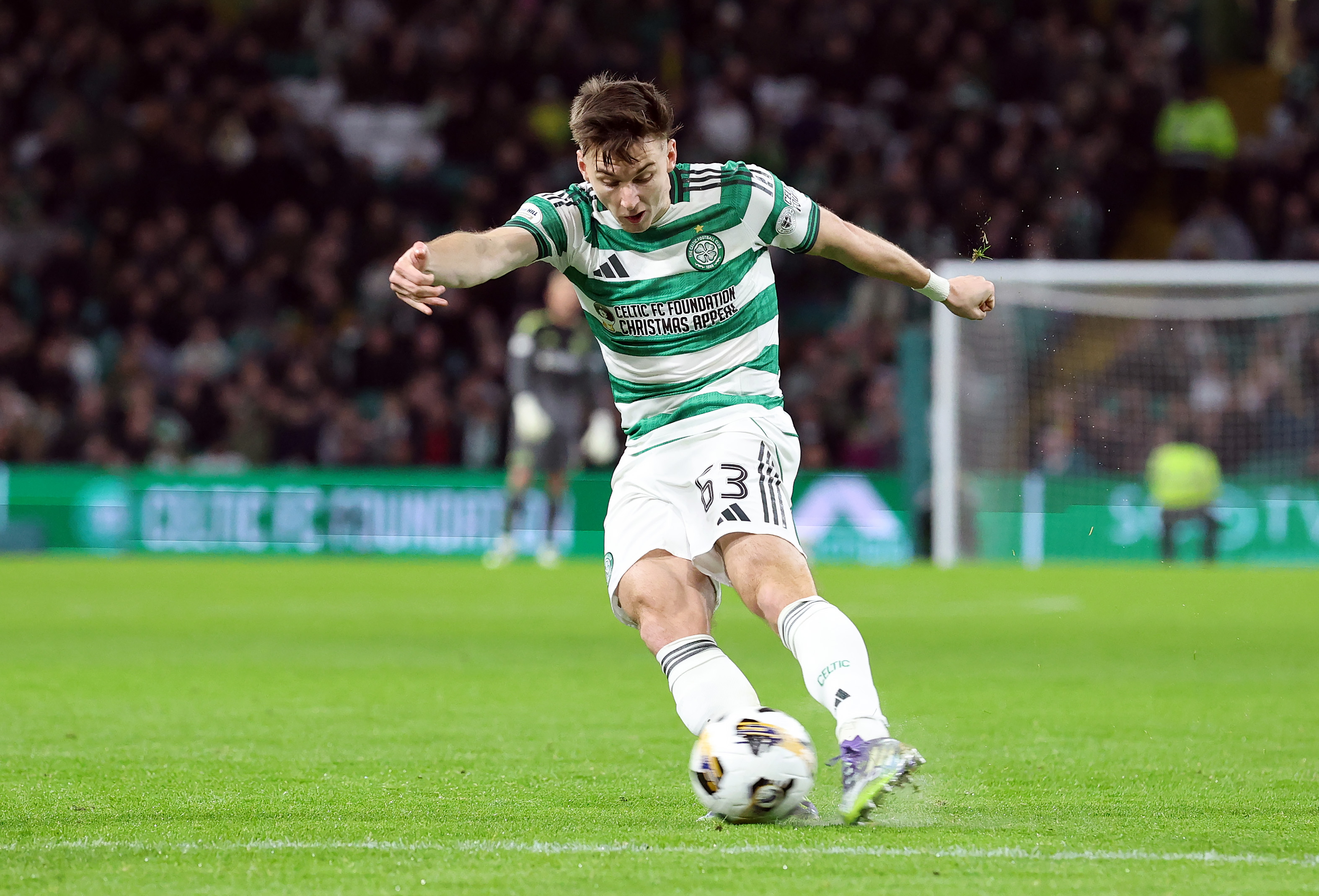 Kieran Tierney of Celtic scores 