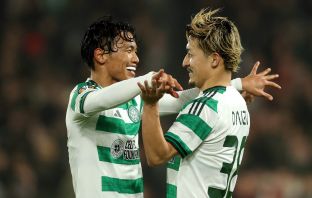 Reo Hatate of Celtic celebrates scoring