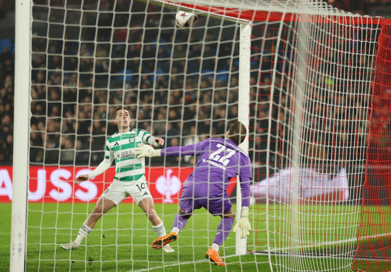 Luke McCowan of Celtic shoots but hits the crossbar