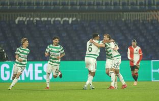 Benjamin Nygren of Celtic celebrates
