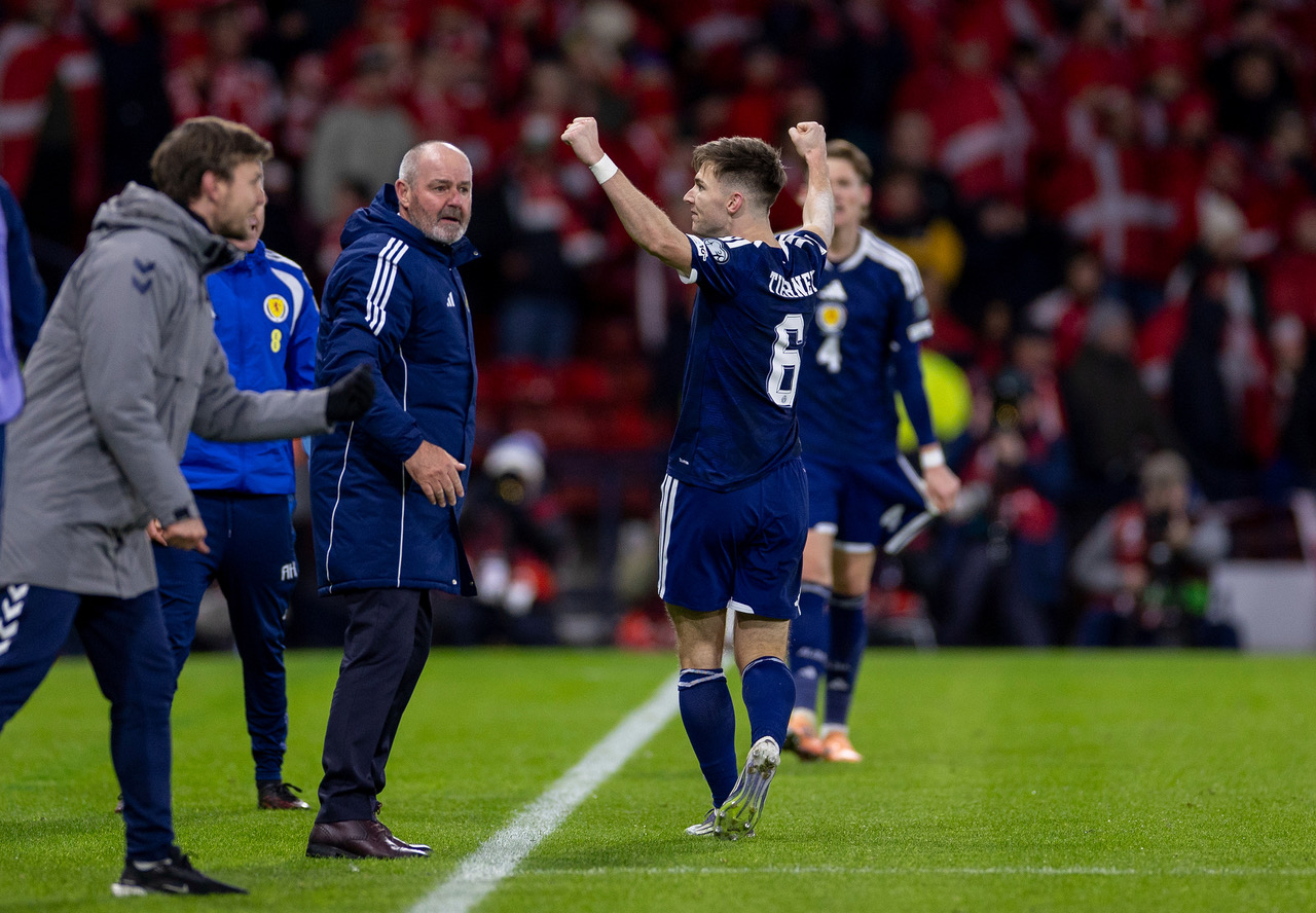 Kieran Tierney celebrates after scoring for Scotland