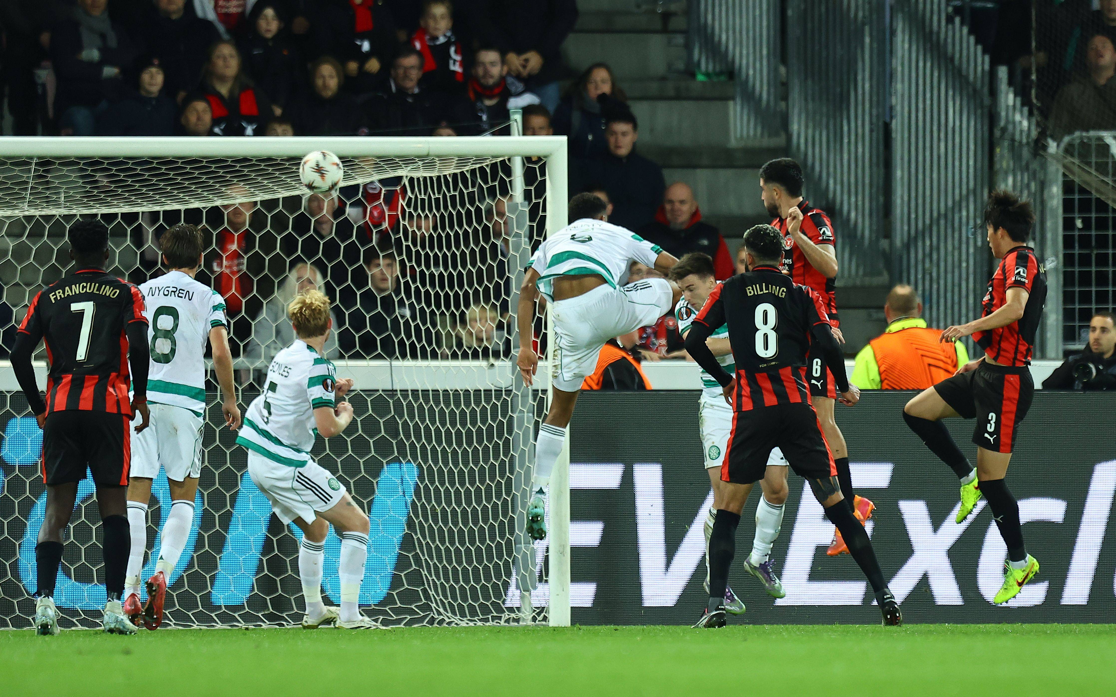 Martin Erlic of FC Midtjylland scores