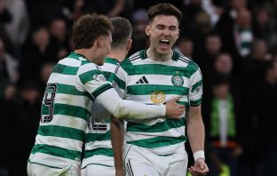Kieran Tierney is delighted as Callum Osmand celebrates his goal.