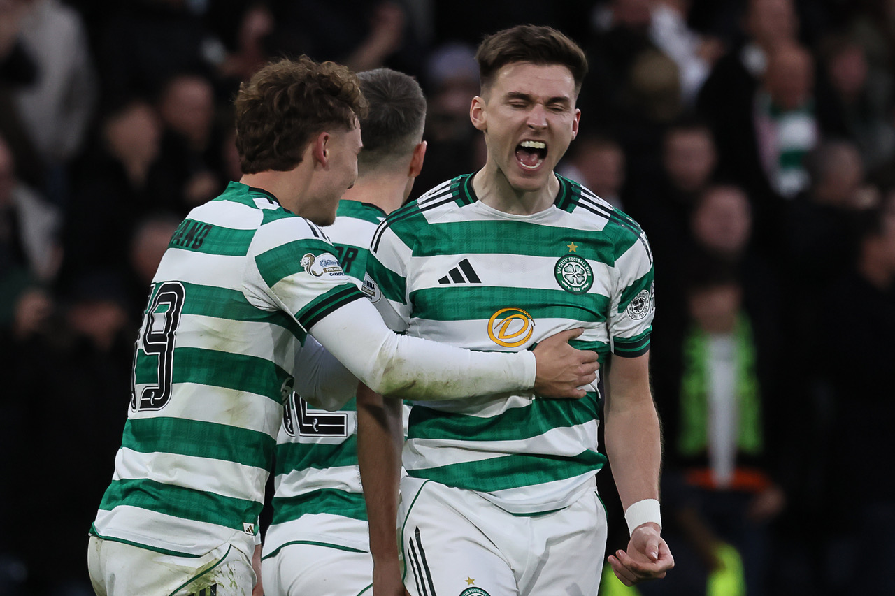 Kieran Tierney is delighted as Callum Osmand celebrates his goal.