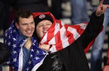 Scotland fans wrapped in a USA flag
