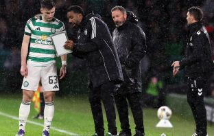 Kieran Tierney and Celtic manager Wilfried Nancy