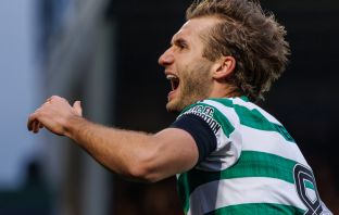 Benjamin Nygren of Celtic celebrates