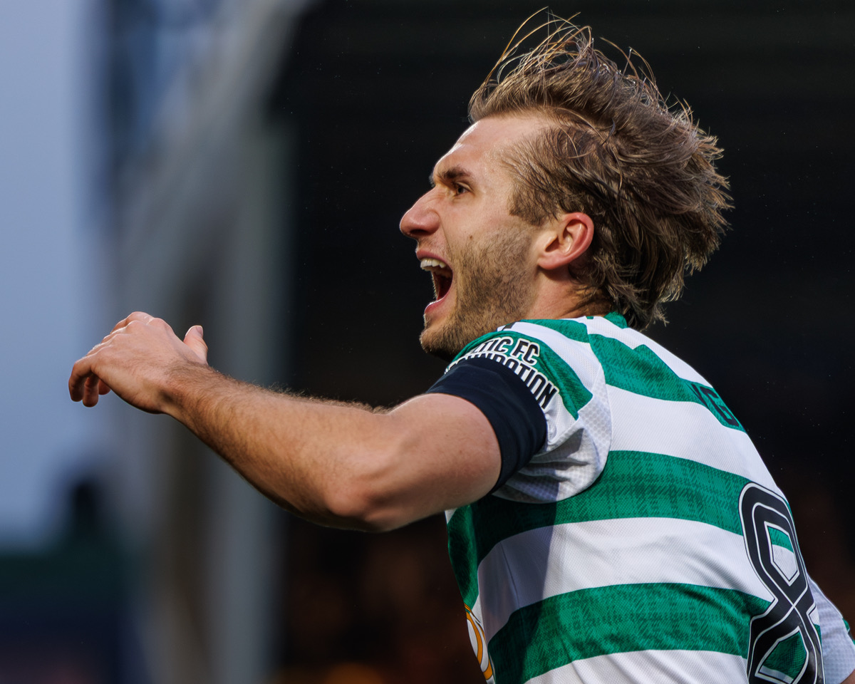 Benjamin Nygren of Celtic celebrates