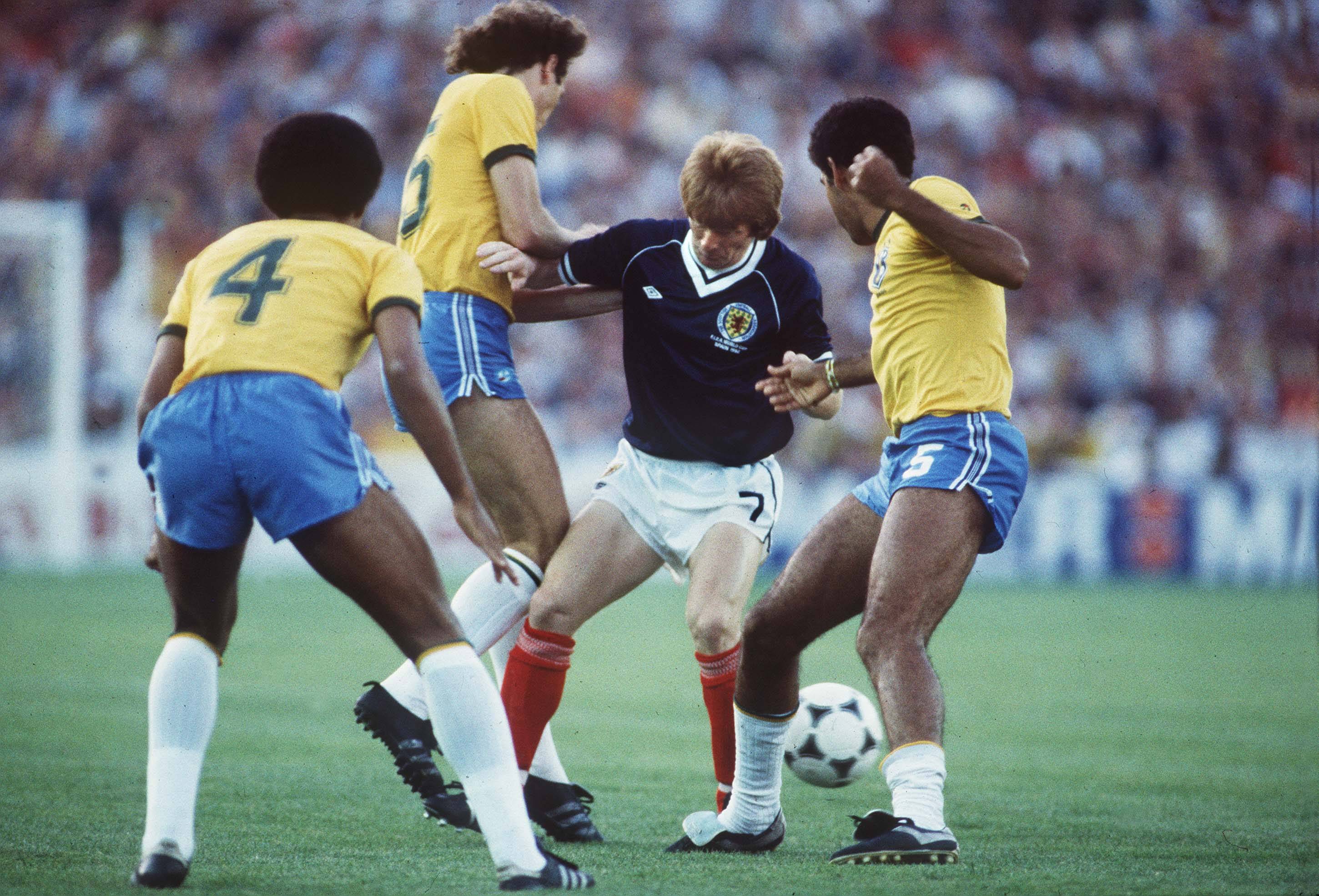 Gordon Strachan in action for Scotland v Brazil at Spain 19982 World Cup