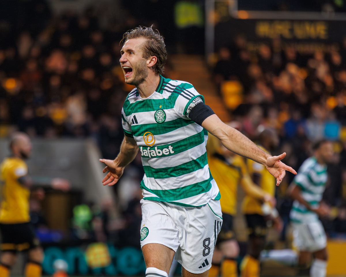 Benjamin Nygren of Celtic celebrates